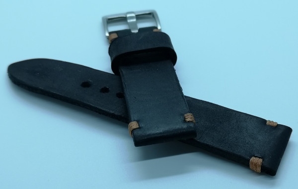 22mm Handmade Leder Strap Schwarz mit Oranger Naht